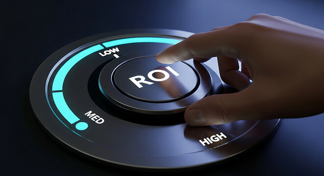 Hand turning a dial labeled ROI to high, symbolizing increased return on investment and business growth.