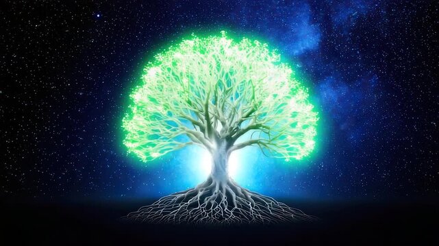 Luminous, glowing tree with deep roots, against a starry night