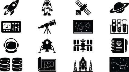 Space and astronomy icons set, science and universe exploration icon collection, black silhouettes vector © Mr. Wildan