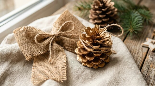 Holiday decor concept with natural fir cones and burlap textile on wood.