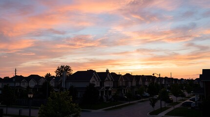 Obraz premium Suburban neighborhood at sunset with vibrant pink and orange sky