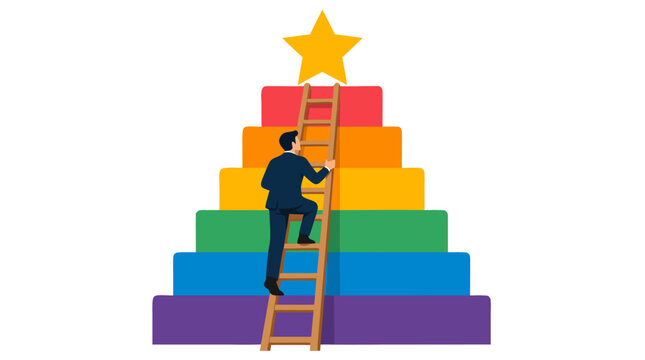 Flat vector illustration of a professional businessman in a formal dark suit climbing a wooden ladder up vibrant rainbow colored stacked milestone steps to reach a bright glowing golden star,
