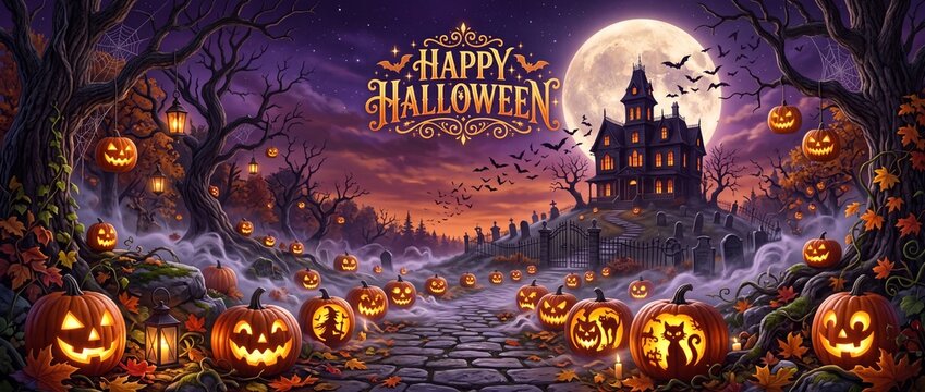 Spooky halloween night landscape with haunted mansion and jackolanterns