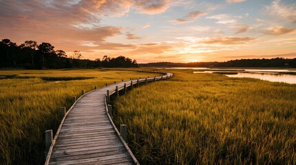 Obraz premium A winding wooden boardwalk crosses a golden coastal marsh beside calm water at sunset, suited for travel, nature, conservation, or peaceful retreat promotions.