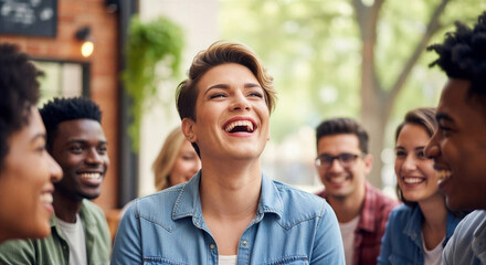 Fototapeta premium Group of friends laughing and enjoying conversation in cafe outdoors 