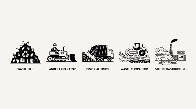 Landfill Operations and Waste Management Icons Set