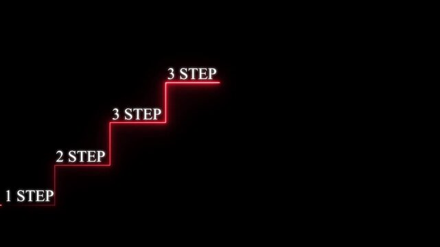 Red neon glowing staircase showing progress with text labels for one step two step and three step on a solid black background for interface