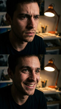 Man with serious expression changing to smiling facial expression in home workspace. Headshot portrait of male employee showing emotional transition and positive reaction during study