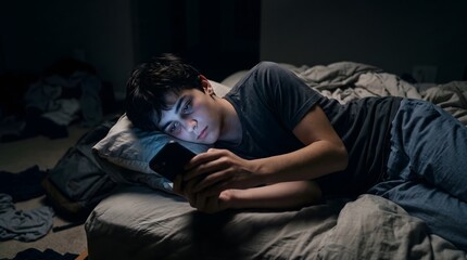 Obraz premium Young person using smartphone in dark bedroom late at night.