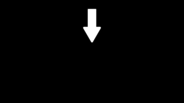 Simple white arrow pointing downwards isolated on a solid black background for navigation or direction indication in digital projects