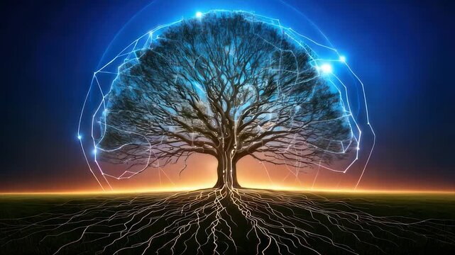 A glowing tree with roots, surrounded by a luminous network, against a gradient sky