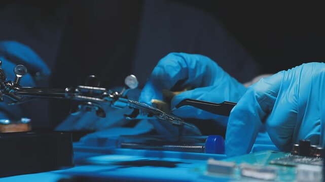 Technician inspecting a circuit board with a magnifying glass. Close up of hands in blue gloves working on microelectronics in a laboratory.