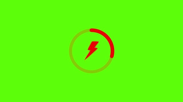 Red lightning bolt inside a circular loading progress bar animation isolated on a bright green background for digital interface
