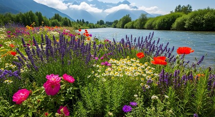 Obraz premium Colorful tulip field with vibrant flowers and mountains.