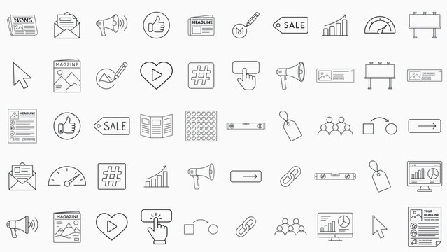 Professional 50 Vector Icon Set Bundle for Business Marketing and Construction Tools Featuring Editable Stroke and Adjustable Line Weight for Customizable Web Design and Branding Collection.