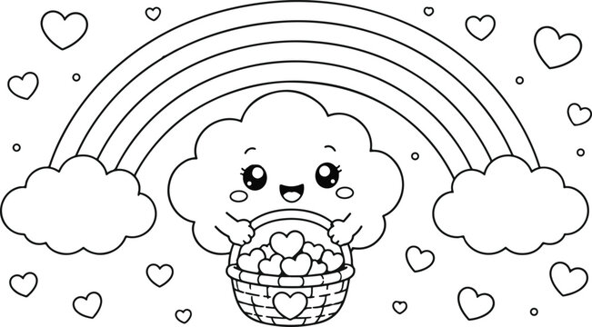 Cute cartoon skull under rainbow with hearts. Whimsical doodle character for love, positivity, and playful Halloween designs.
