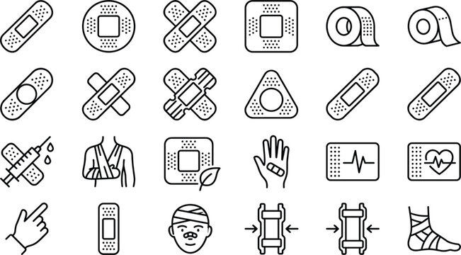 Medical bandage and first aid vector line icon set featuring adhesive plasters, medical tape, injury dressings, syringe, and wrapped limbs isolated on white background..eps