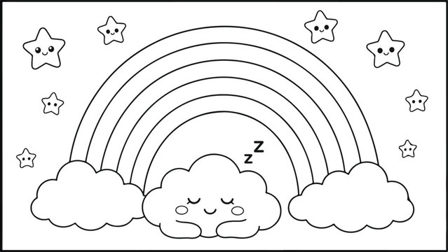Child sleeping under colorful rainbow in dreamy sky scene. Peaceful cartoon illustration of restful imagination and childhood wonder.