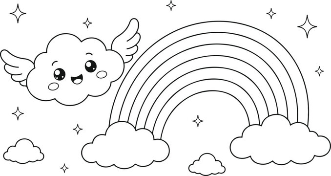 Cute cartoon sheep under vibrant rainbow in sky illustration. Whimsical cloud animal with wings flying past colorful arc graphic design.