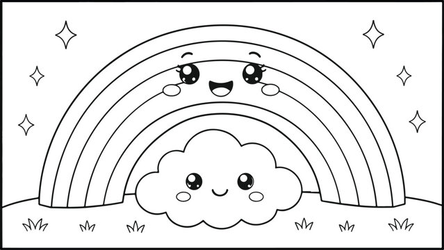 Hand-drawn rainbow over smiling cloud with falling raindrops. Whimsical weather illustration 
