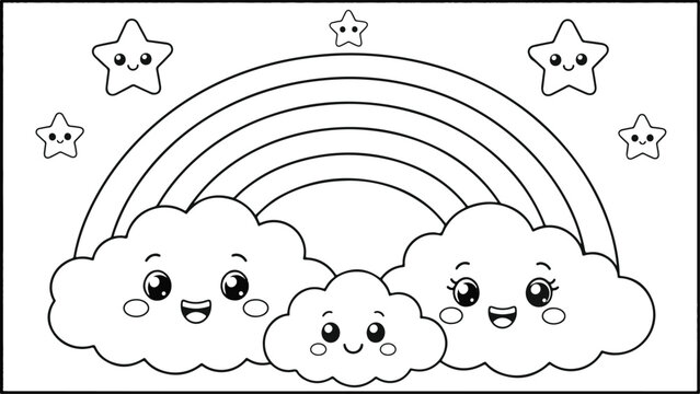 Cute cartoon cloud characters smiling under a rainbow. Adorable weather-themed clipart with happy faces and cheerful atmosphere.