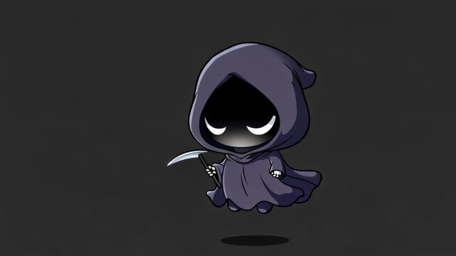 A cute chibi grim reaper character with glowing eyes and a scythe floating against a dark background.