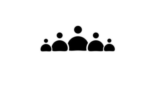 A group of five stylized human figures arranged in a row with a solid black silhouette shape on a plain white background for simple use