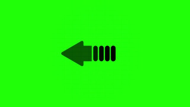 A black arrow pointing to the left with a striped tail section isolated on a vibrant green background for easy chroma key removal or editing