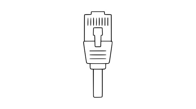 Hand-drawn vector icon of ethernet cable plug connector, minimalist line art for network technology, digital communication, computer hardware scalable outline design for tech interfaces and apps.