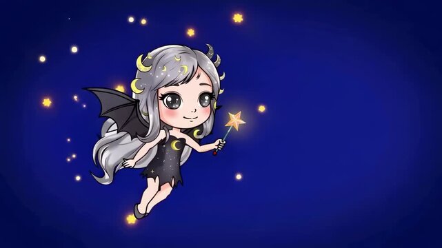 Cute chibi anime character with silver hair, bat wings, and crescent moons, flying in a starry night sky holding a magic wand.