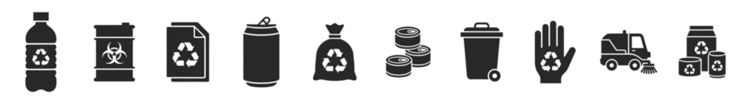 Black silhouette icons of recycling and waste management items including bottle, biohazard barrel, paper, can, trash bag, metal cans, bin, recycling hand, street sweeper