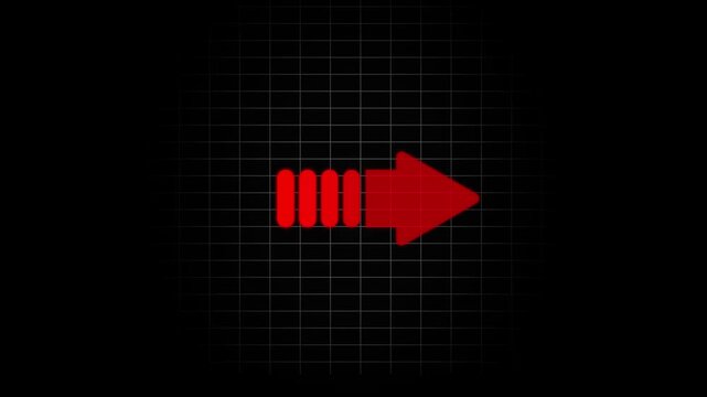 A red arrow pointing to the right with a segmented tail on a black background featuring a thin grid pattern overlay