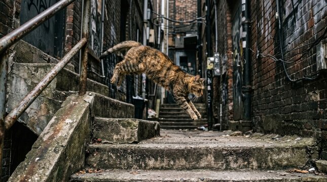 A tabby cat leaps across a worn stairwell in a gritty urban alley.
