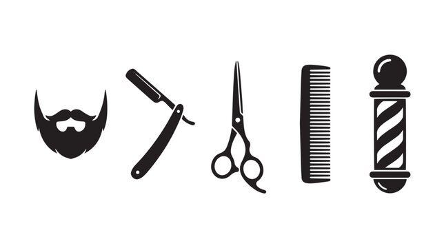 Vintage barbershop icon set, black barber shop silhouettes with scissors and razor, professional hair salon grooming tools vector collection