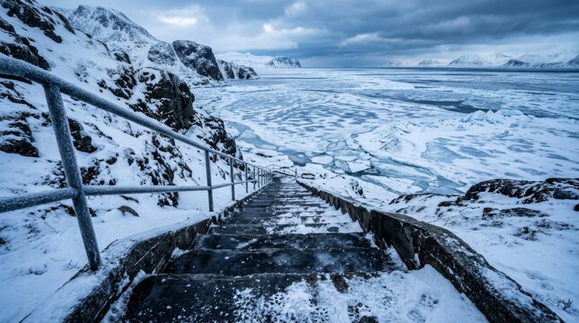A frosty staircase leads down to the icy shoreline.
