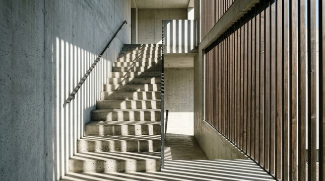 Sunlight casts striped shadows on concrete stairs beside a wooden slat railing.