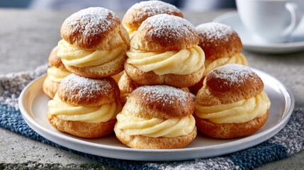 Fototapeta premium Plate of cream puffs dusted with sugar.