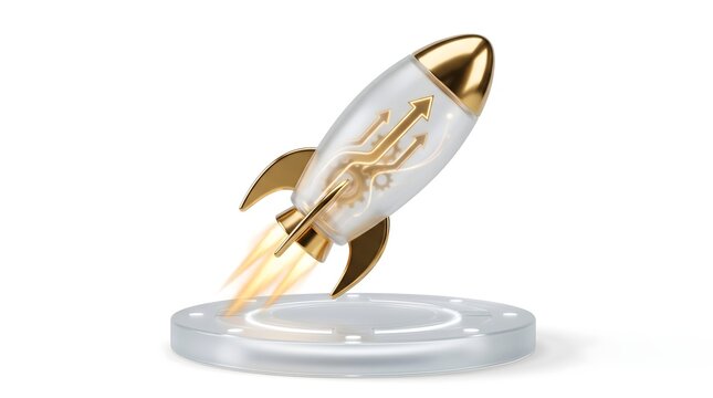 A gold and white rocket ship launching upwards from a circular platform