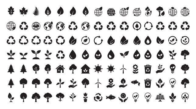 Eco friendly icons set, 112 black silhouette ecology symbols, sustainable environment and recycling vector elements for green energy branding
