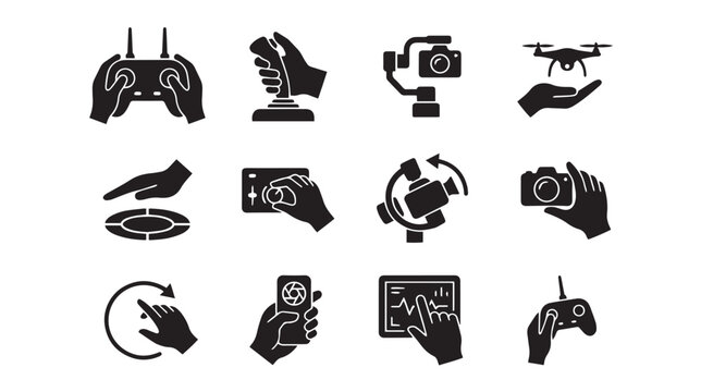 Drone pilot control icons set, 12 black silhouette vector symbols of remote operation, aerial photography equipment and uav navigation gestures