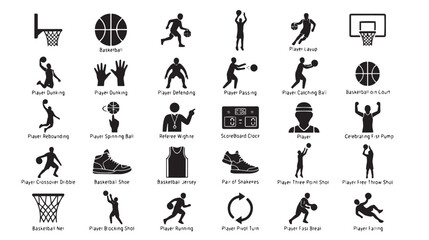 Basketball icon set with 30 black vector pictograms, sports athlete silhouettes in action, basketball player symbols for coaching and competition © Toqeer