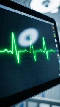 Medical cardiac monitor showing heartbeat pulse in pediatric hospital intensive care unit, neonatal clinical emergency healthcare patient nursery equipment