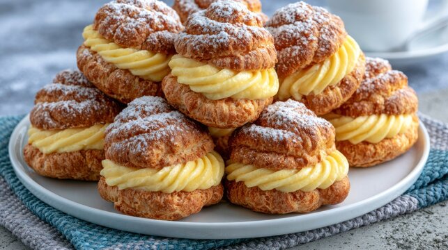 Profiteroles with custard filling and powdered sugar on plate.