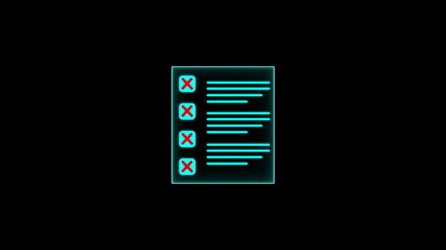 Glowing cyan checklist with three red cross marks and one empty checkbox on a solid black background for digital task management and error