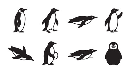 Minimalist penguin icon set, black and white arctic bird silhouettes, collection of 8 penguin vector illustrations in various poses for logo design © Toqeer