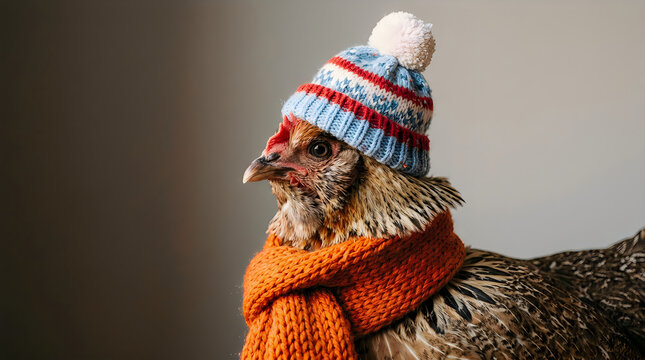 Chicken wearing colorful knit hat and scarf in winter setting