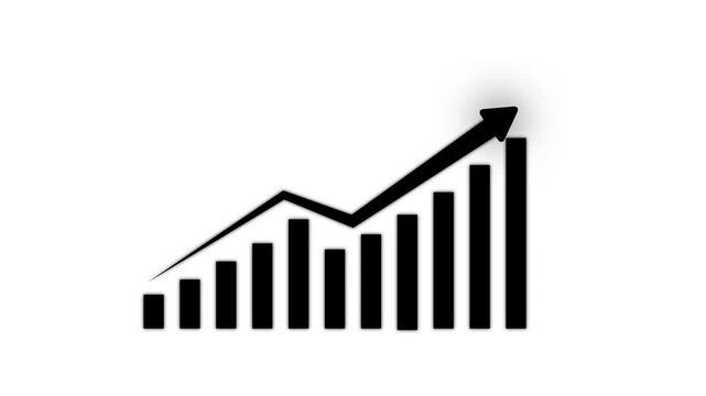 Black bar chart with an upward trending arrow indicating financial growth isolated on a white background for business data analysis and reporting