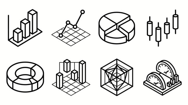 Isometric business data visualization and financial chart icon set
