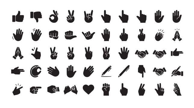 Minimalist hand gesture icon set, 50 black silhouette hand signs and finger symbols, flat vector emoji collection for interface design and communication
