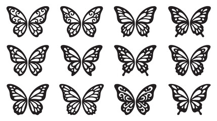 Decorative butterfly wing silhouettes, set of 12 ornate laser cut butterfly wings, black filigree insect wing vector icons for wedding stationery and crafts © Toqeer